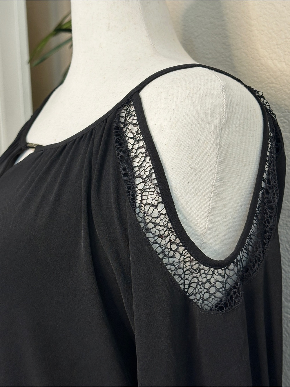 Calvin Klein Black Cold-Shoulder Blouse with Lace Insets